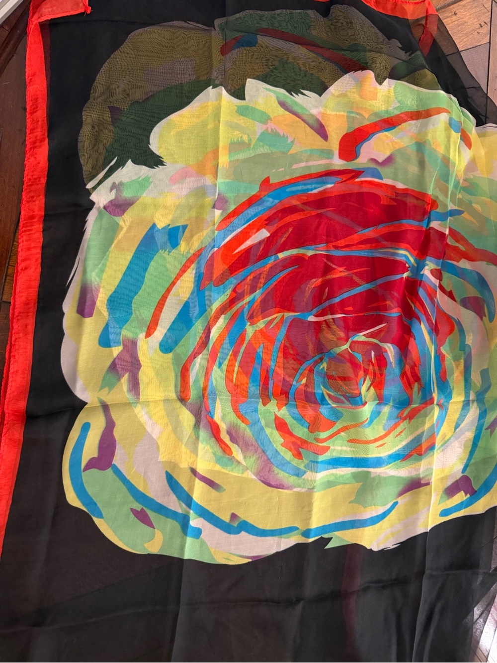Dior Black Scarf with Red Trim and Multicolor Floral Accents